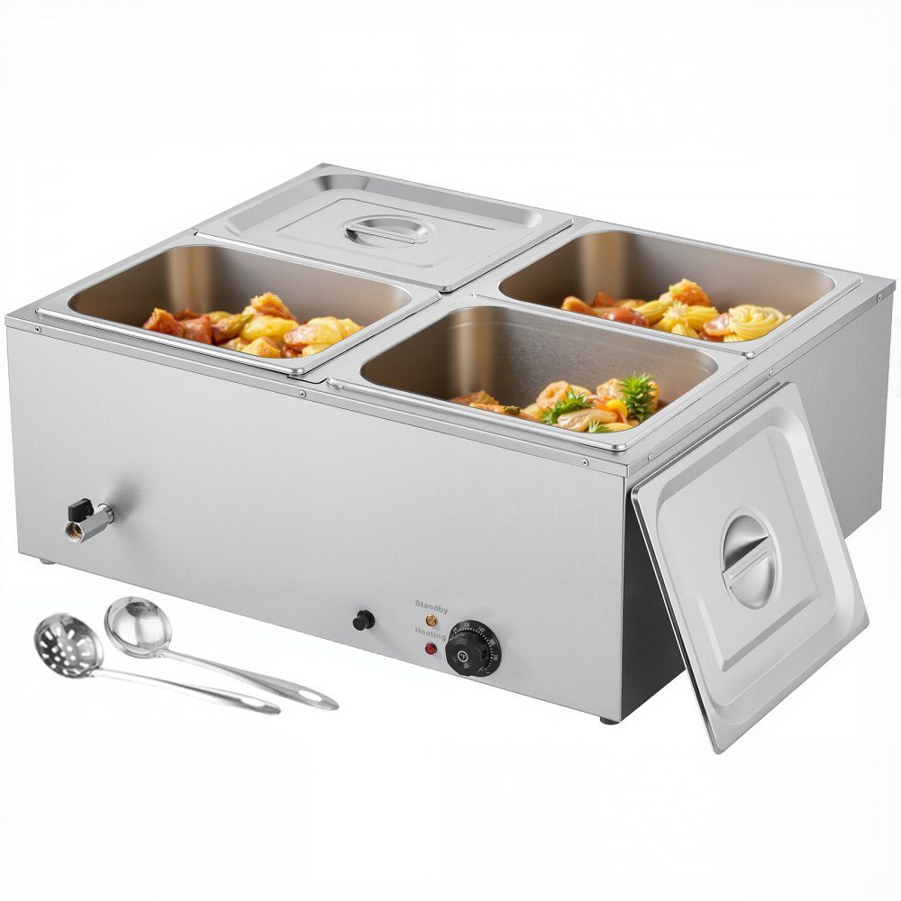 Réchauffeur de nourriture commercial (4 récipients de taille 1/2), récipient chauffant électrique en acier inoxydable de 1,5 kW avec couvercle et louche à soupe, réchauds pour restauration, restaurant, fête