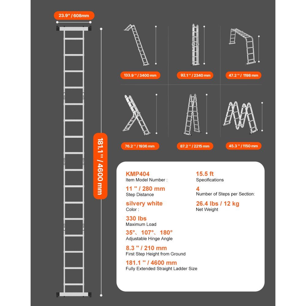 Multipurpose Ladder, 7 in 1 Multifunctional Ladder, Telescopic Ladder with A-Frame and 4 Steps, Ladder Frame 4600mm, Adjustable Heavy Duty Ladder, 150kg Load Capacity for Home Outdoor Use