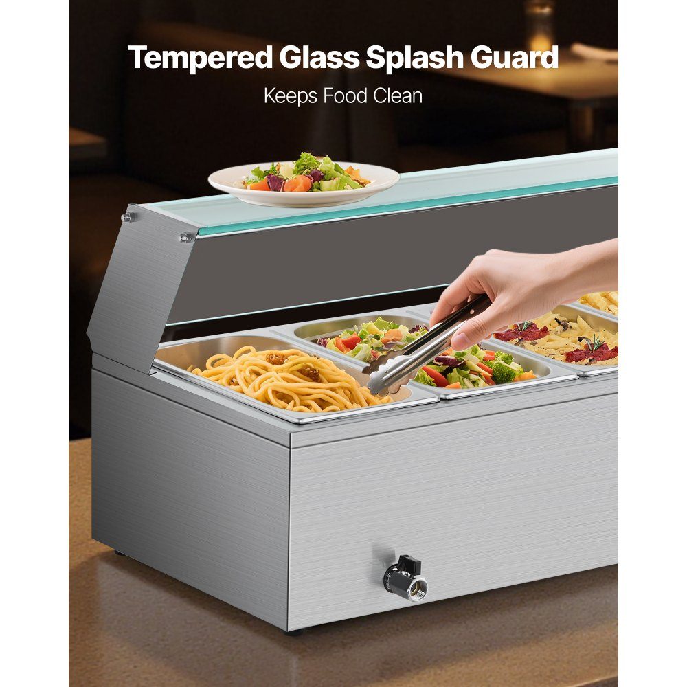 Commercial Food Warmer (6 Size 1/3 Containers), 1.5KW Stainless Steel Electric Warming Container with Glass Cover and Soup Ladle, Chafing Dishes for Catering Restaurant Parties