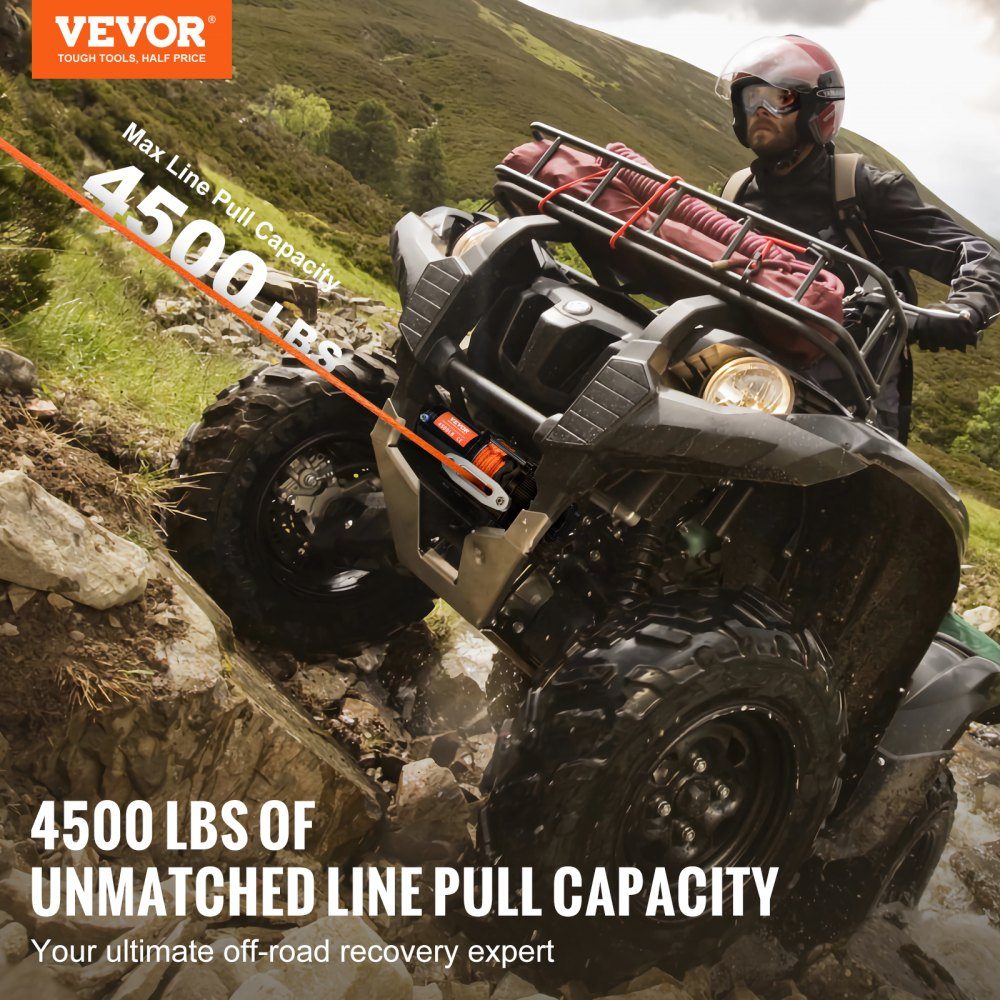 Electric Winch, 2048kg Pulling Force, 12V DC for ATV/UTV, with 12 Strand Synthetic Rope (Φ1/4" x 39ft), Aluminum Fairlead, Remote Controls, IP55 Water Resistance