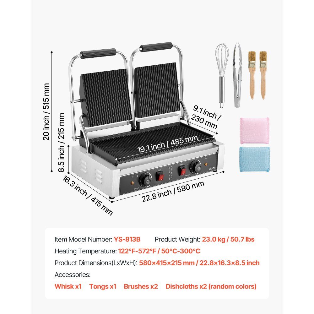 Commercial Contact Grill 3600W Electric Grill Sandwich Maker (Double Baking Plates) Stainless Steel Panini Press with Temperature Control, 48x23cm Grooved Enamel Plate for Hamburger Steak Bacon