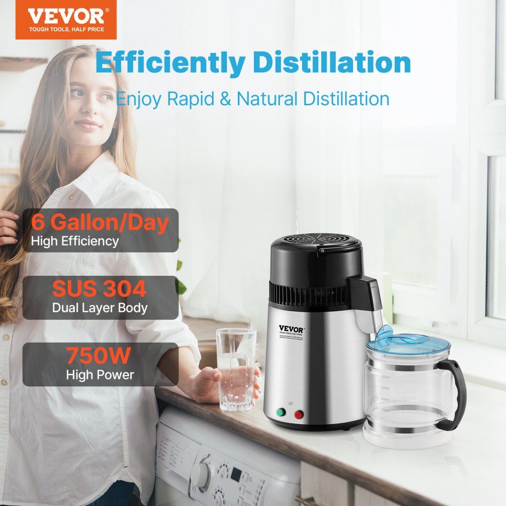 Waterdestilleerder 4L Gezuiverd waterfilter 750W Gedistilleerd water Roestvrij staal Binnendistilleerder Zilver Huishoudelijk 1L water per uur