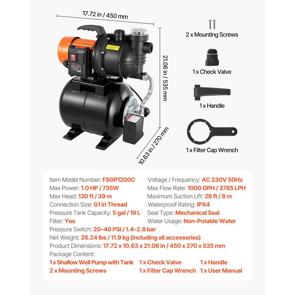 Hauswasserwerk 735 W, 3785 L/h Strahlpumpe mit 19 L Druckbehälter, 39 m Förderhöhe, inklusive Filter, Rückschlagventil & Kunststoff-Pumpenkopf, zur automatischen Gartenbewässerung & Hauswasserversorgung