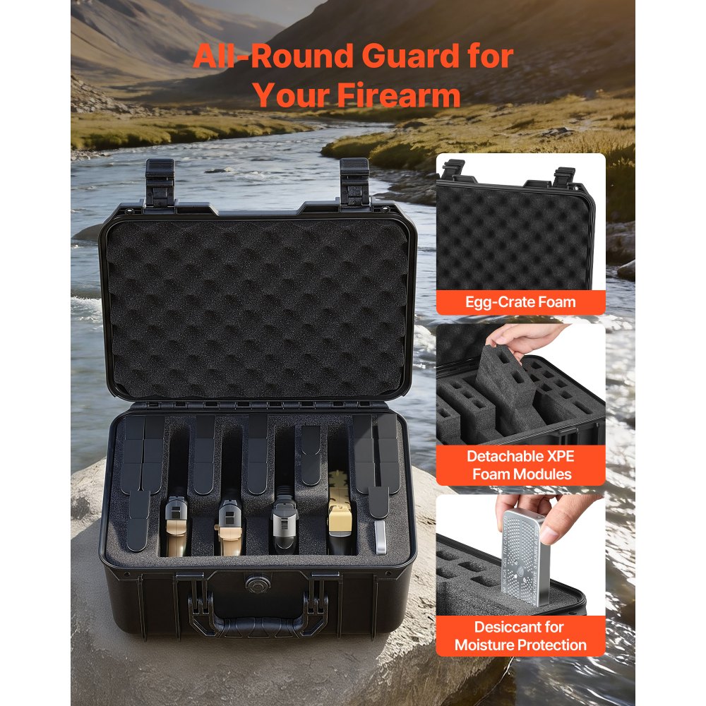 Harde koffer voor 4 pistolen, pistoolkoffer met XPE-schuiminzet 404x319x192 mm, waterdichte pistoolkoffer met verstelbare binnenkant en draaggreep, voor pistoollenzen camera Harde koffer voor 4 pistolen, pistoolkoffer met XPE-schuiminzet 404x319x192 mm, waterdichte pistoolkoffer met verstelbare binnenkant en draaggreep, voor pistoollenzen camera