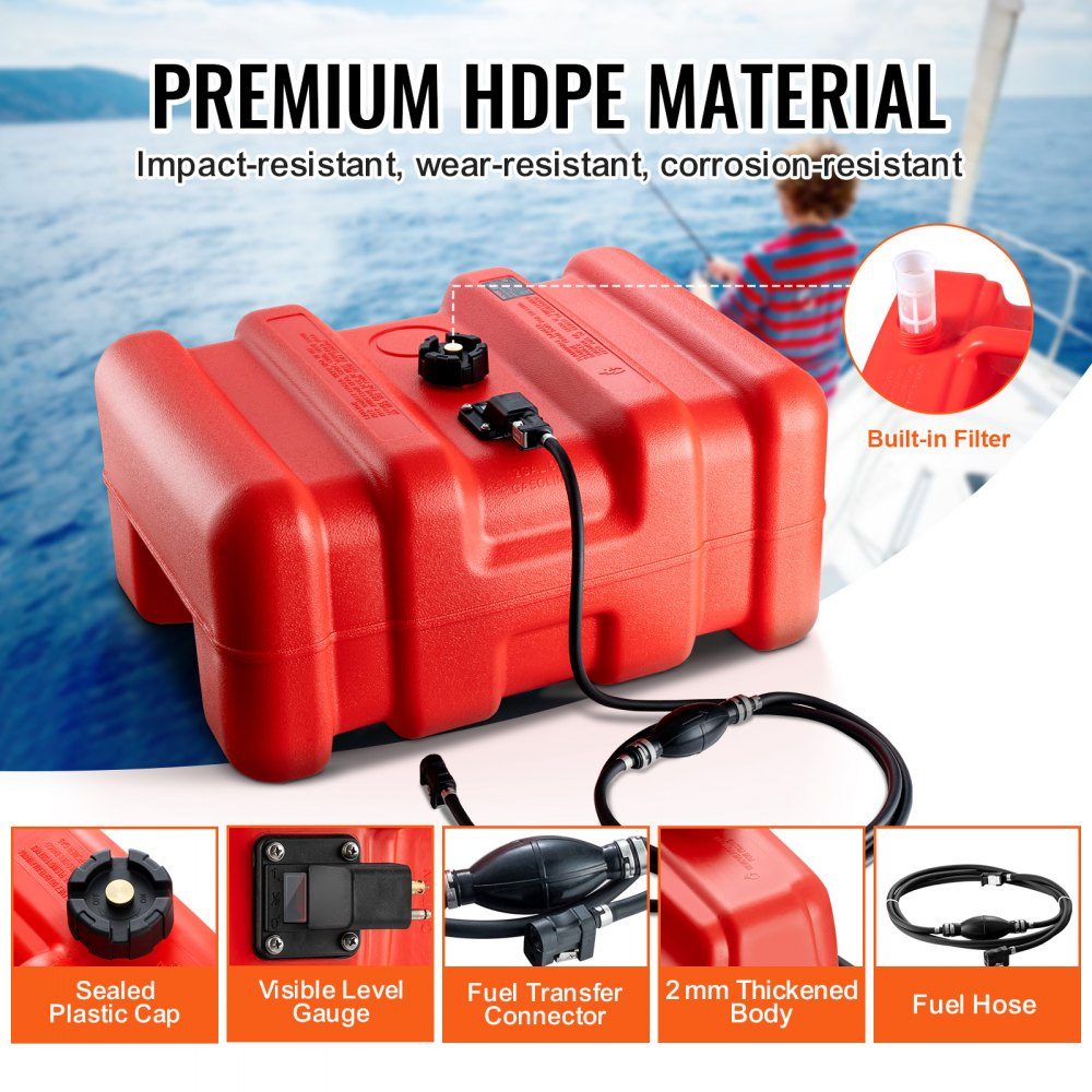 Marine Fuel Tank 55L Portable Outboard Engine Boat Tank Plastic Outboard Marine Boat Fuel Tank with Hose Easy to Carry for Yacht Fishing Boat Deck Boat Red