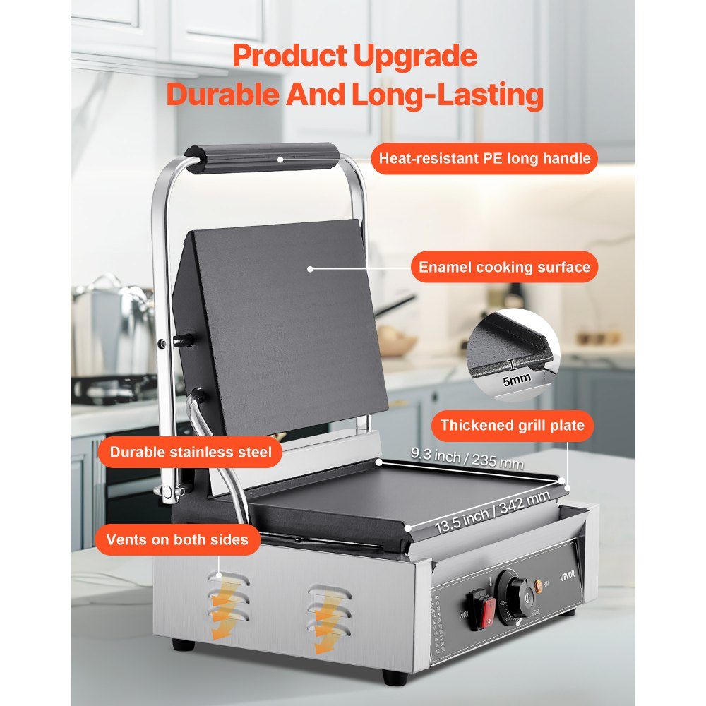Commercial Panini Grill, Contact Grill 2200 W, for Sandwiches, Steak, Bacon, Hamburgers, Sandwich Maker, Stainless Steel Press Grill with Handle & Temperature Controller & 34 x 23 cm Heating Plate, Panini Press