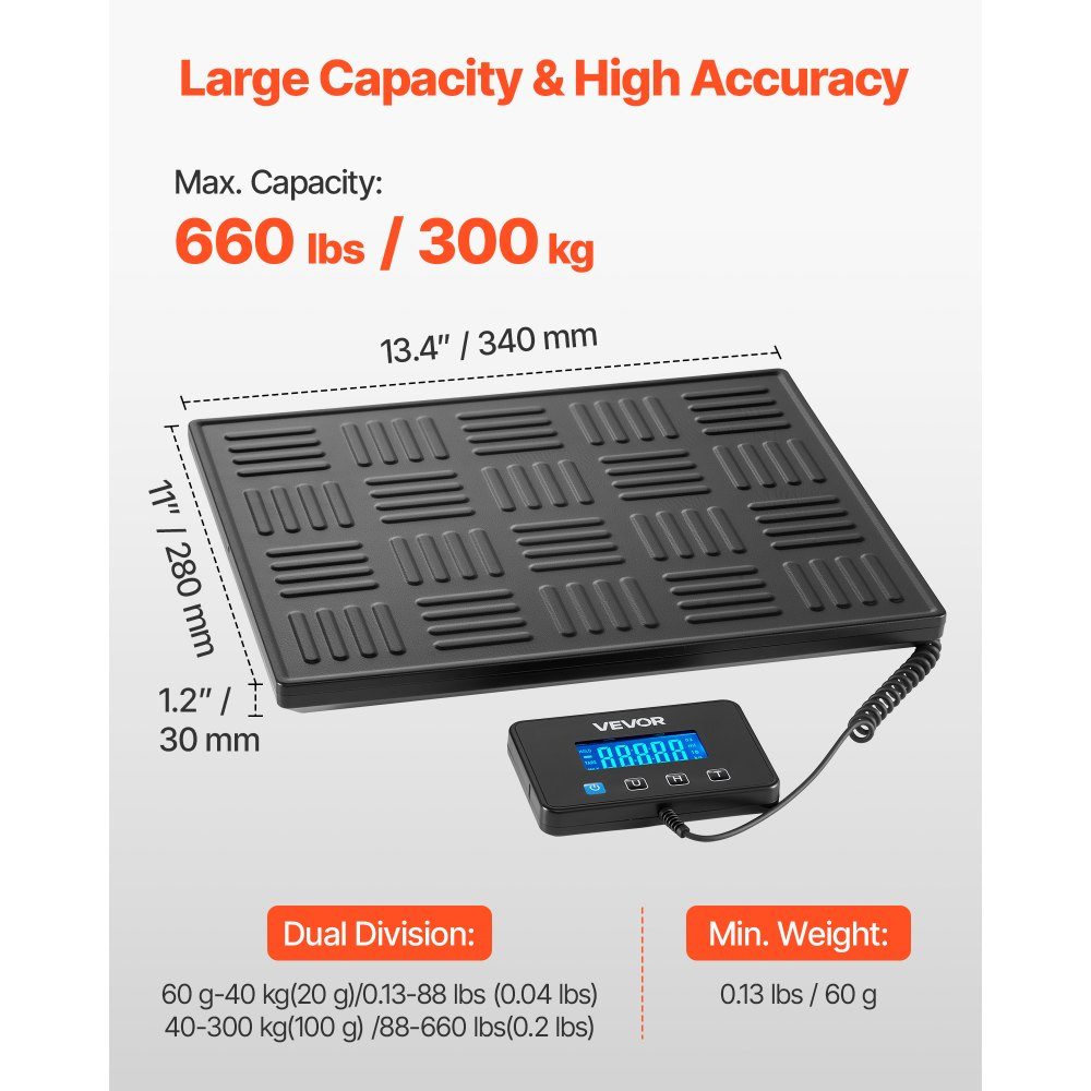 Digital Parcel Scale 20/100g Double Accuracy 300kg Platform Scale with Hold/Tare Function and LCD Display for Parcels, Postage, Luggage, Battery and Charging Cable Included