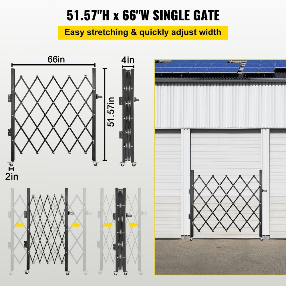 Einzelnes faltbares Sicherheitstor, 170 × 131 cm (B × H), Falttürtor, Akkordeon-Sicherheitstor aus Stahl, flexibel erweiterbares Sicherheitstor, rollendes Barrikadentor, Scherentor mit Vorhängeschloss