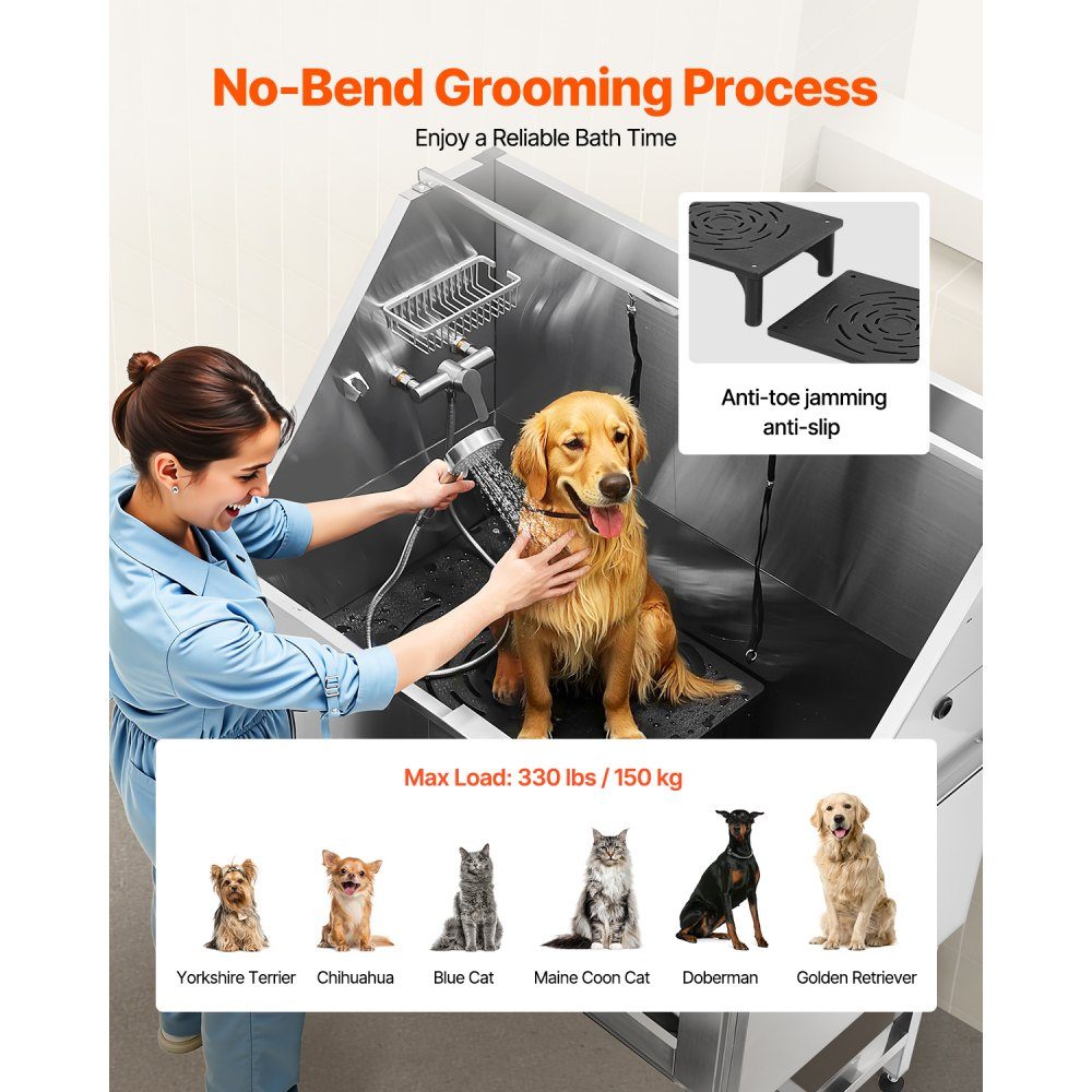 Station de lavage pour chien en acier inoxydable, baignoire de toilettage pour animaux de compagnie, 1270 x 700 x 1545 mm, avec escalier, plaque de filtre à eau en PE, robinet, pomme de douche et porte-savon pour animaux de grande, moyenne et petite taill