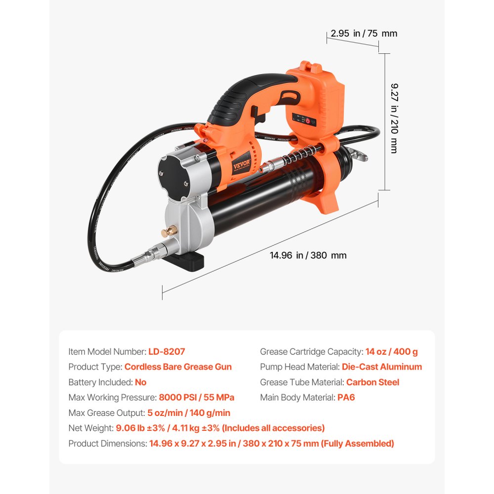 Cordless grease gun, 55 MPa, one-hand grease gun with LED & 90 cm hose, 20 V battery operation & trigger, compatible with 18 V Makita batteries, for lubricating vehicles or machines (tool only) Cordless grease gun, 55 MPa, one-hand grease gun with LED & 90 cm hose, 20 V battery operation & trigger, compatible with 18 V Makita batteries, for lubricating vehicles or machines (tool only)