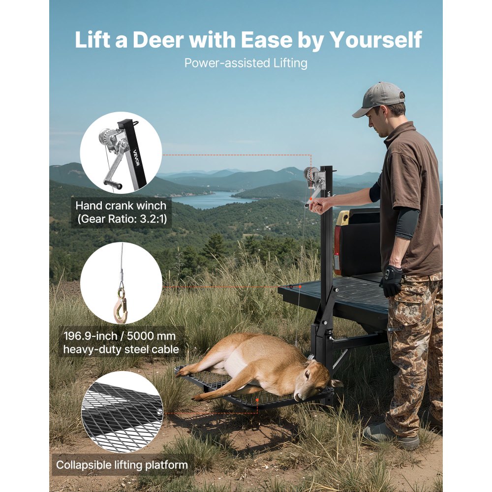 Game Hoist, Hirschhebebühne mit Anhängerkupplung und Hebesystemplattform, 136 kg Tragfähigkeit, Game Hoist-Windenhebebühne mit 2-Zoll-Empfänger, 360-Grad-Schwenkwelle und faltbar, 1440 x 900 x 1310 mm Game Hoist, Hirschhebebühne mit Anhängerkupplung und Hebesystemplattform, 136 kg Tragfähigkeit, Game Hoist-Windenhebebühne mit 2-Zoll-Empfänger, 360-Grad-Schwenkwelle und faltbar, 1440 x 900 x 1310 mm