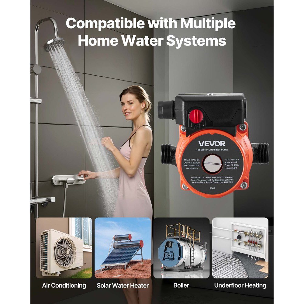 Pompe de circulation 38LPM Système de pompe de circulation à circulation instantanée Contrôle à 3 vitesses 100W Adaptateur AC 220-240V G3/4" à G1/2" Tête en fonte pour système de chauffe-eau