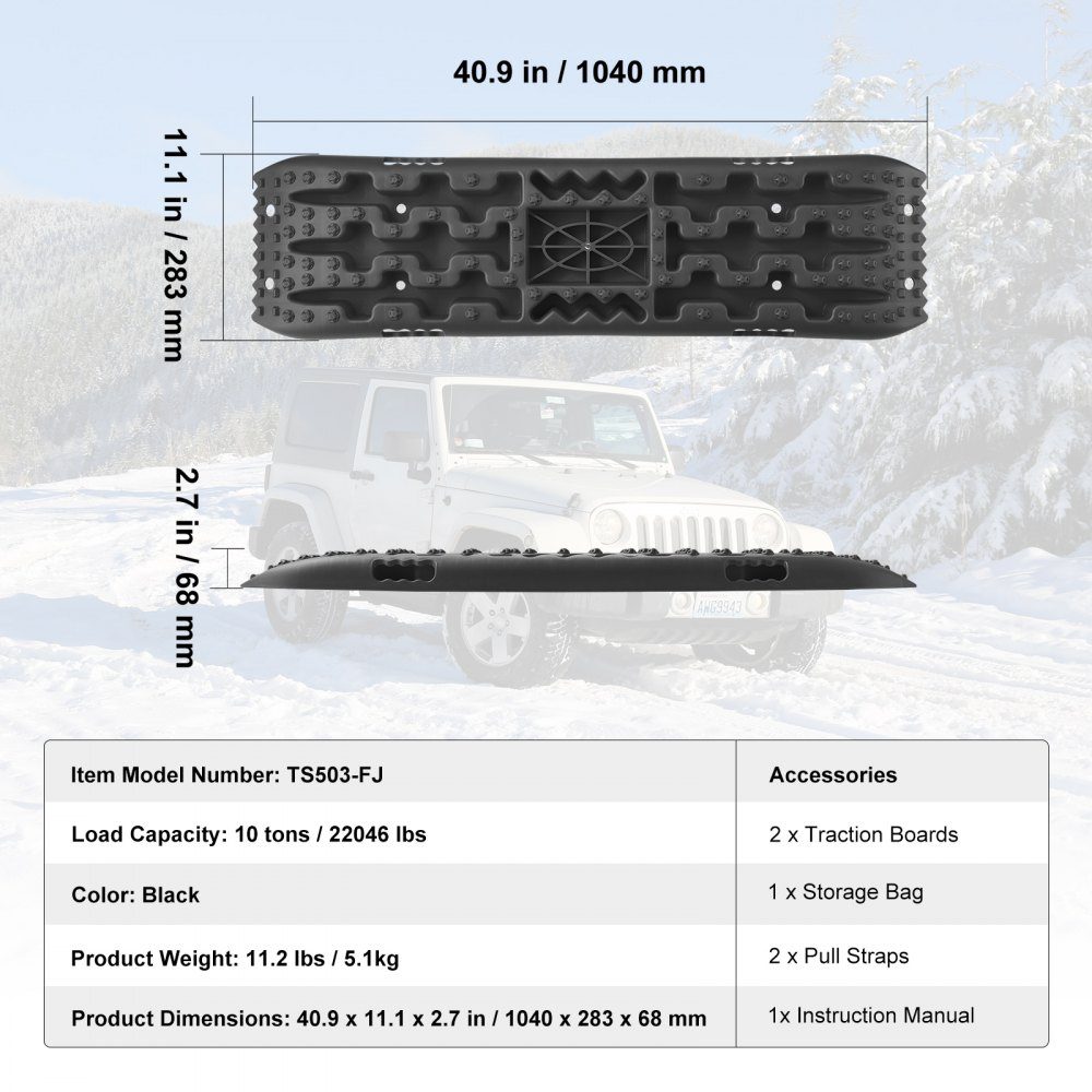 10 TON Traction Boards with PP Material, Recovery Boards for ATVs/Cars/Pickups/SUVs/RVs, Pair of Tire Traction Mats on Snow, Sand, Mud and Loose Ground, Storage Bag, Long, Black