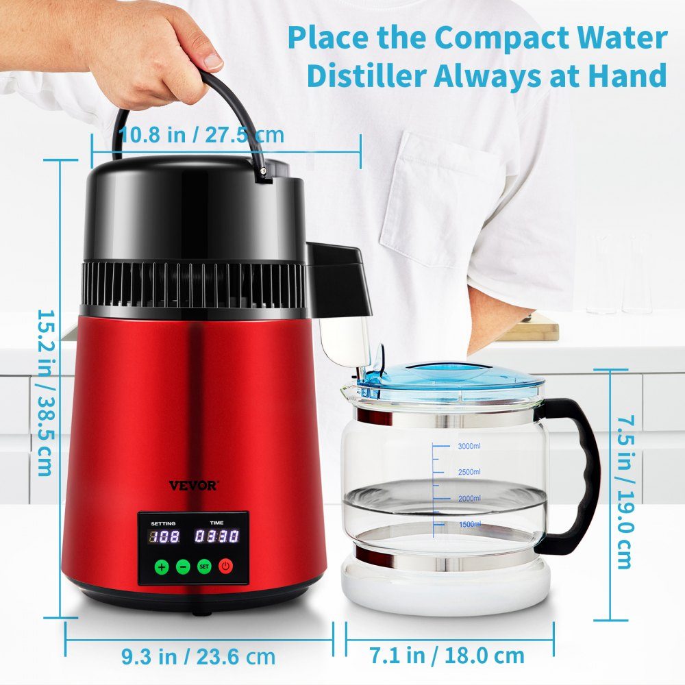 Water Distiller, 1L/H Household Red Water Distiller, Distilled Water 750W, Double Screen Stainless Steel Distiller System with Glass Jug, Distills Pure Water