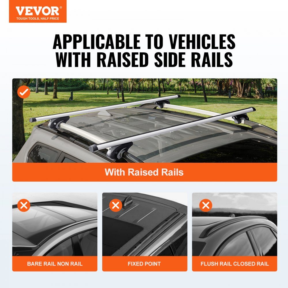 Roof rack universal roof rack car aluminum cross bar 90 kg load capacity, for raised side rail with gap, suitable inner distance of the roof beam 19-118 cm, tube diameter 28-68 mm