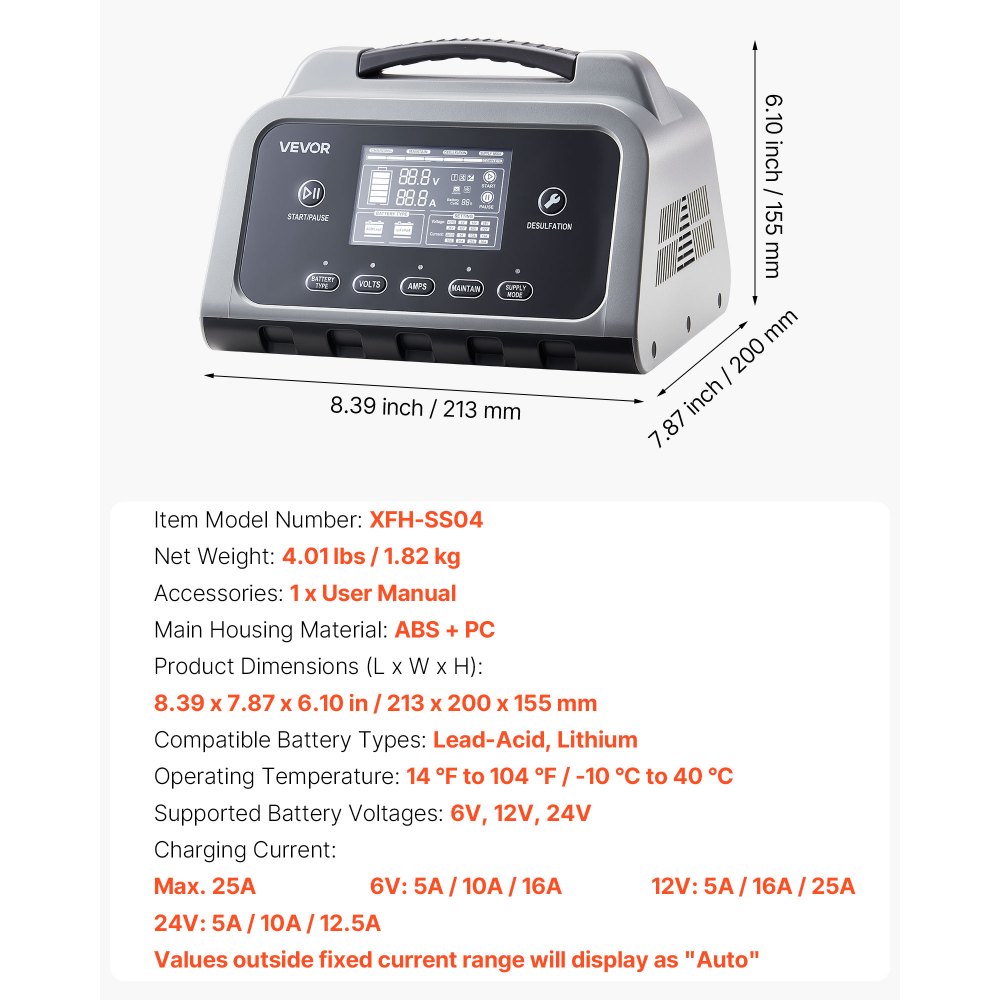 Autobatterieladegerät 25A Batterieladegerät 6V/12V/24V, Intelligentes Ladegerät für Blei-Säure- & Lithium-LiFePO4-Batterien, mit 7-stufigem Lade-Reparaturmodus LCD-Display für Auto, Motorrad, Boot Autobatterieladegerät 25A Batterieladegerät 6V/12V/24V, Intelligentes Ladegerät für Blei-Säure- & Lithium-LiFePO4-Batterien, mit 7-stufigem Lade-Reparaturmodus LCD-Display für Auto, Motorrad, Boot