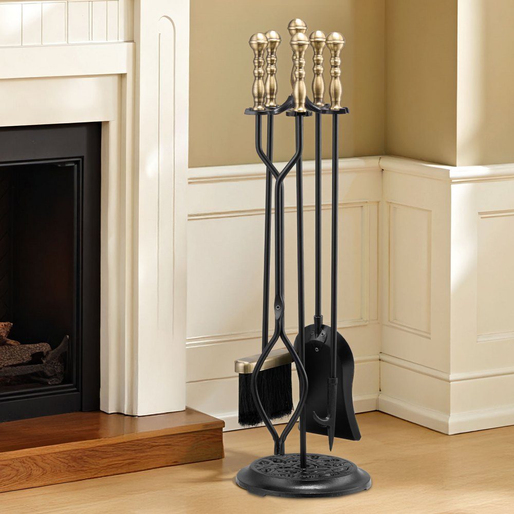 Kaminbesteck-Set, 5-teiliges Herdbesteck-Set, fünfzackiger Ständer, Zange, Aschenschaufel, Bürste, Schürhaken, schmiedeeisernes Kaminzubehör für den Innen- und Außenbereich, Schwarz und Messing