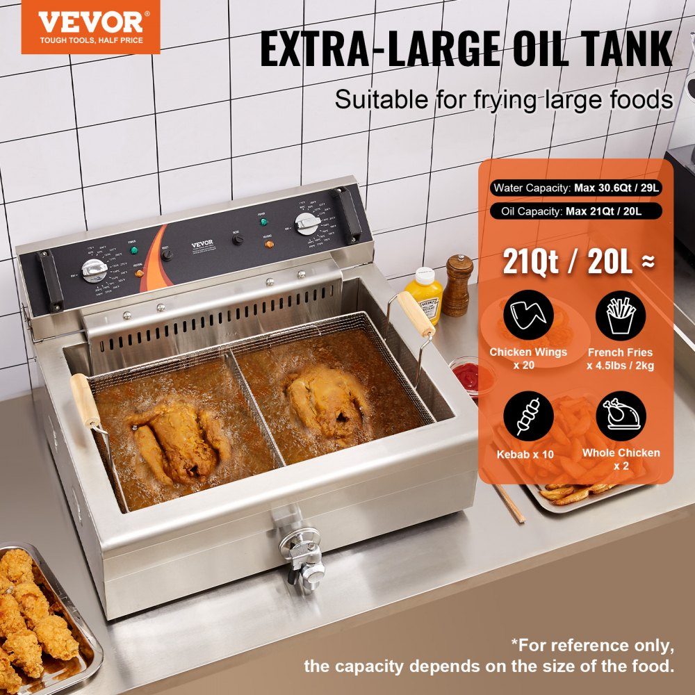 Commercial Deep Fryer, 2250W Electric Deep Fryer with Basket, 20L Large Capacity Countertop Oil Fryer, Stainless Steel, Temperature Control, for Kitchen Restaurant Use, Silver