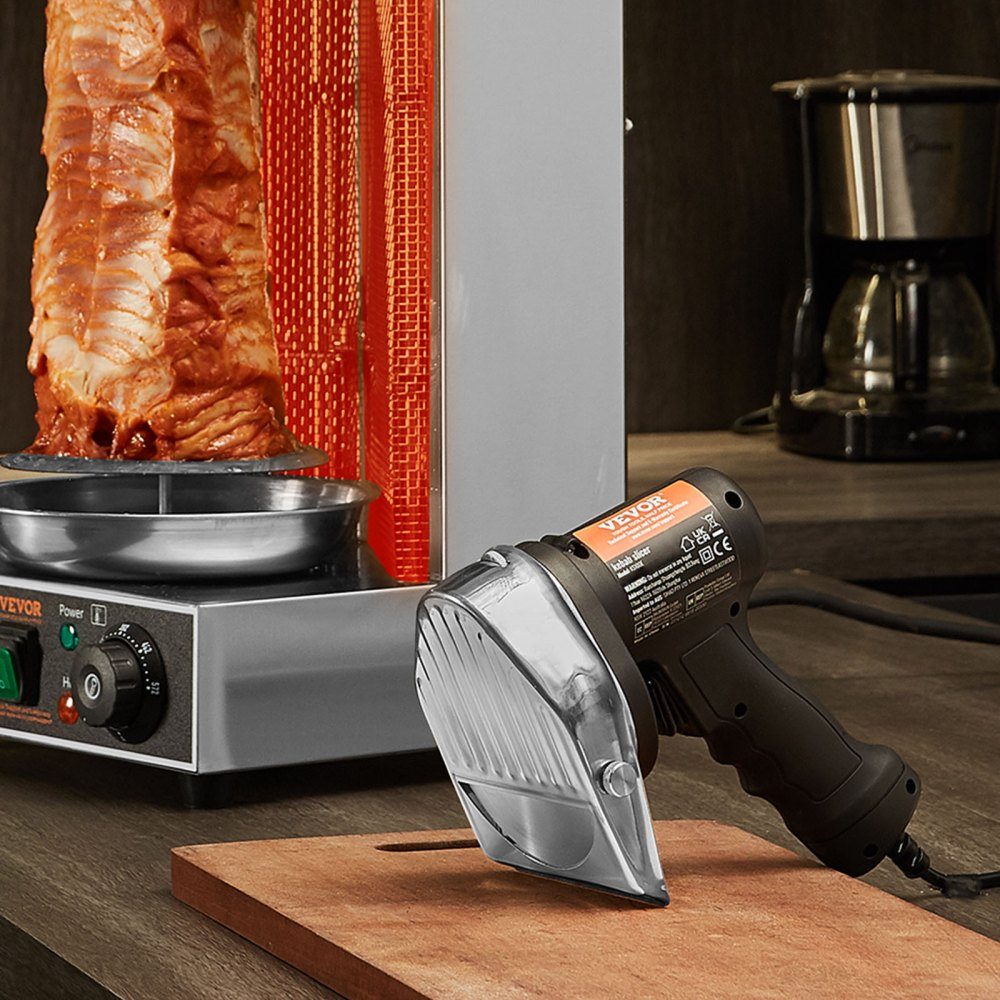 Elektrisches Shawarma-Messer, 80 W, türkisches Kebab-Messer, kommerzieller Gyro-Schneider aus Edelstahl, Döner-Kebab-Fleischschneider mit 2 Klingen, 100 mm Klingendurchmesser
