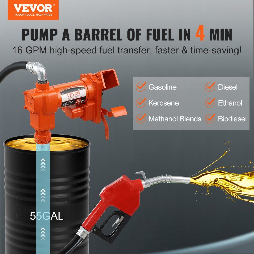 Brandstofopvoerpomp, 12 V DC, 60,5 l/min, 1/4 pk, benzinezuigpomp met mondstuk, uitlaatslang en zuigleiding voor benzine, diesel, kerosine, ethanol en methanolmengsels en biodiesel