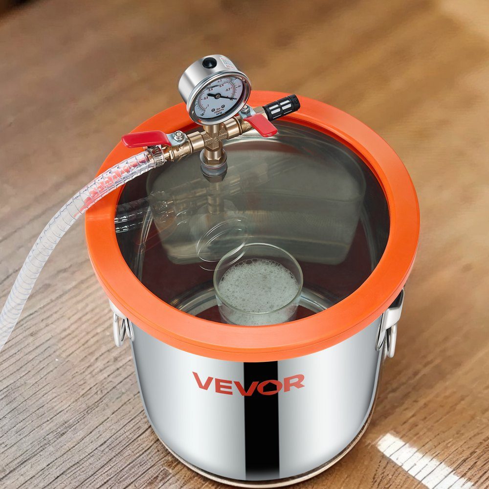 Komora próżniowa 11,36 l z pompą, 99 l/min, stal nierdzewna, zestaw komory odgazowującej, jednostopniowy, pokrywa ze szkła hartowanego, wąż 1,5 m, do stabilizacji żywicy silikonowej do odgazowywania drewna
