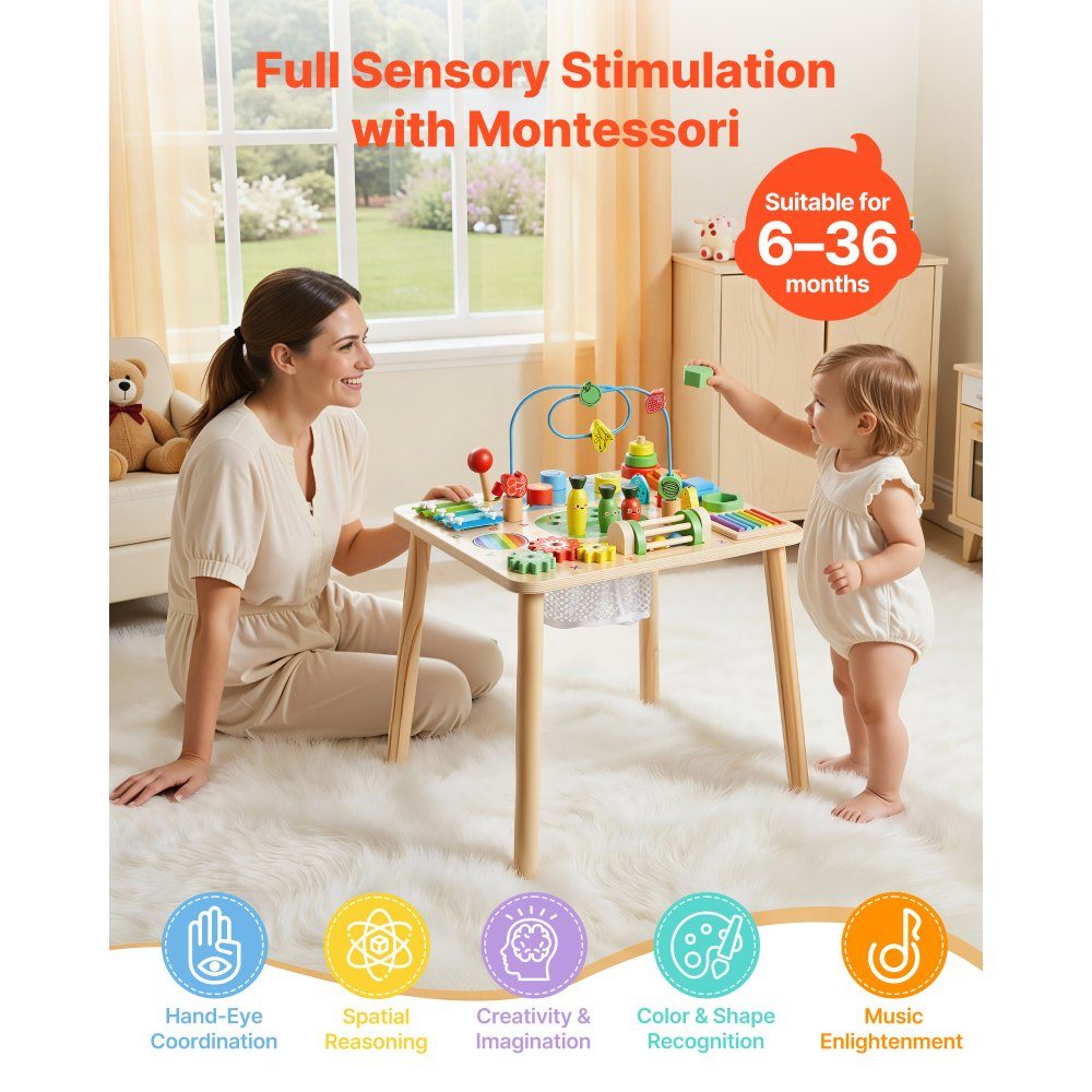 Aktivitätstisch aus Holz, Montessori-Spielzeug, 13-in-1-Lerntisch, Spieltisch, Aktivitätstisch für Kinder ab 6 Monaten, ideales Geschenk für Geburtstag, Weihnachten oder Kindertag, 6–36 Monate