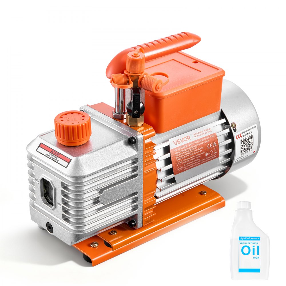 Vacuümpomp, 5 CFM 142 L/min, tweetraps, 375 W, geschikt voor R134a-, R22- en R410a-systemen, 4-polige motor, voor onderhoud van auto-airconditioning en harsontgassing, inclusief olie Vacuümpomp, 5 CFM 142 L/min, tweetraps, 375 W, geschikt voor R134a-, R22- en R410a-systemen, 4-polige motor, voor onderhoud van auto-airconditioning en harsontgassing, inclusief olie