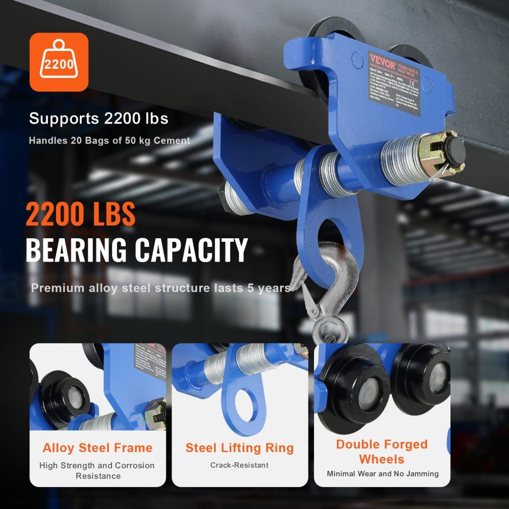 Trolley, 1000 kg load capacity, trolley with double wheels, adjustable for I-beam flange width 63.5 to 177.8 mm. Heavy duty alloy steel garage hoist for straight curved I-beams