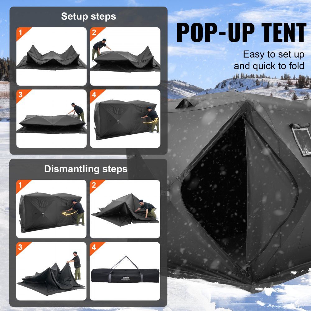 Portable Ice Fishing Tent, Pop Up Ice Fishing Tent for 6-8 People, 300D Oxford Fabric Fishing Tent, Fishing Umbrella, Ice Hut for Winter Fishing, Tent with Anchors/Rope/Carry Bag, 3.6x1.8x2m, Black