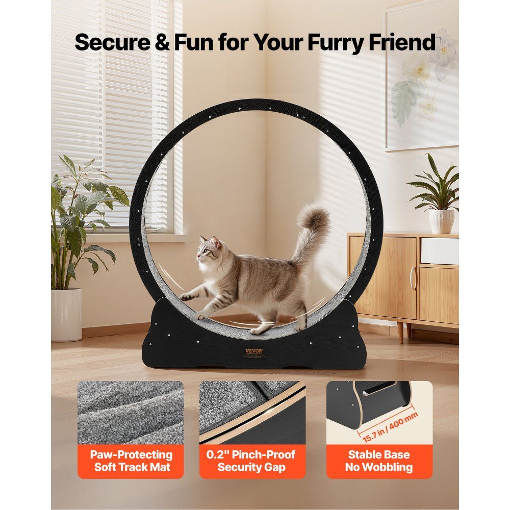 Vélo d'exercice pour chat, roue d'exercice en bois de 1080 mm de diamètre intérieur pour chats de 8,6 à 12,7 kg, tapis roulant pour chat avec tapis de sol et mécanisme de verrouillage, jouet silencieux pour chats d'intérieur, noir