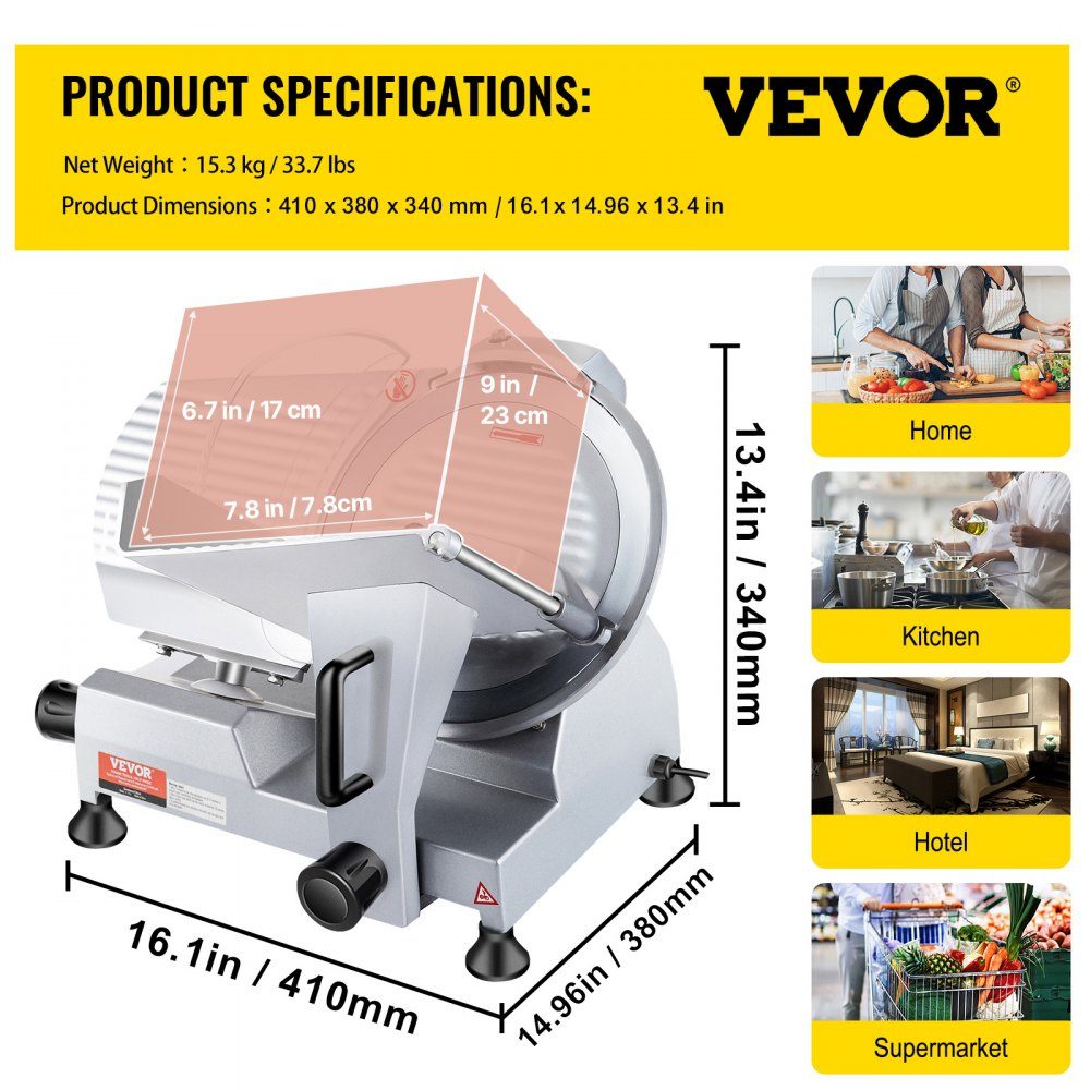 Commercial Meat Slicer, 240W Electric All Slicer Food Slicer with 10" Carbon Steel Blade, 0-12mm Adjustable Thickness for Meat, Cheese, Vegetables etc