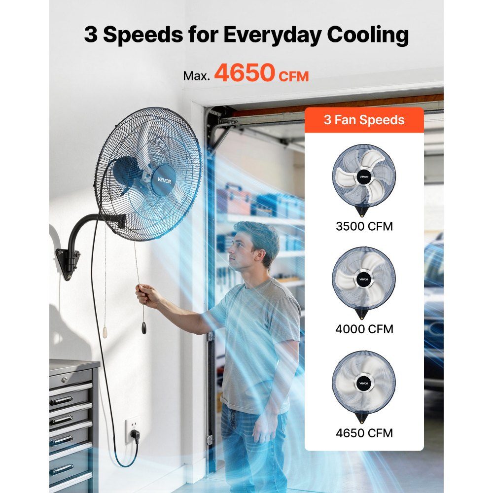 65W Industrial Wall Fan 57cm 6m/s Oscillating Wall Fan with 3 Levels and Adjustable Tilt Angle Commercial Industrial Fan for Workshop Garage Warehouse Gym Black