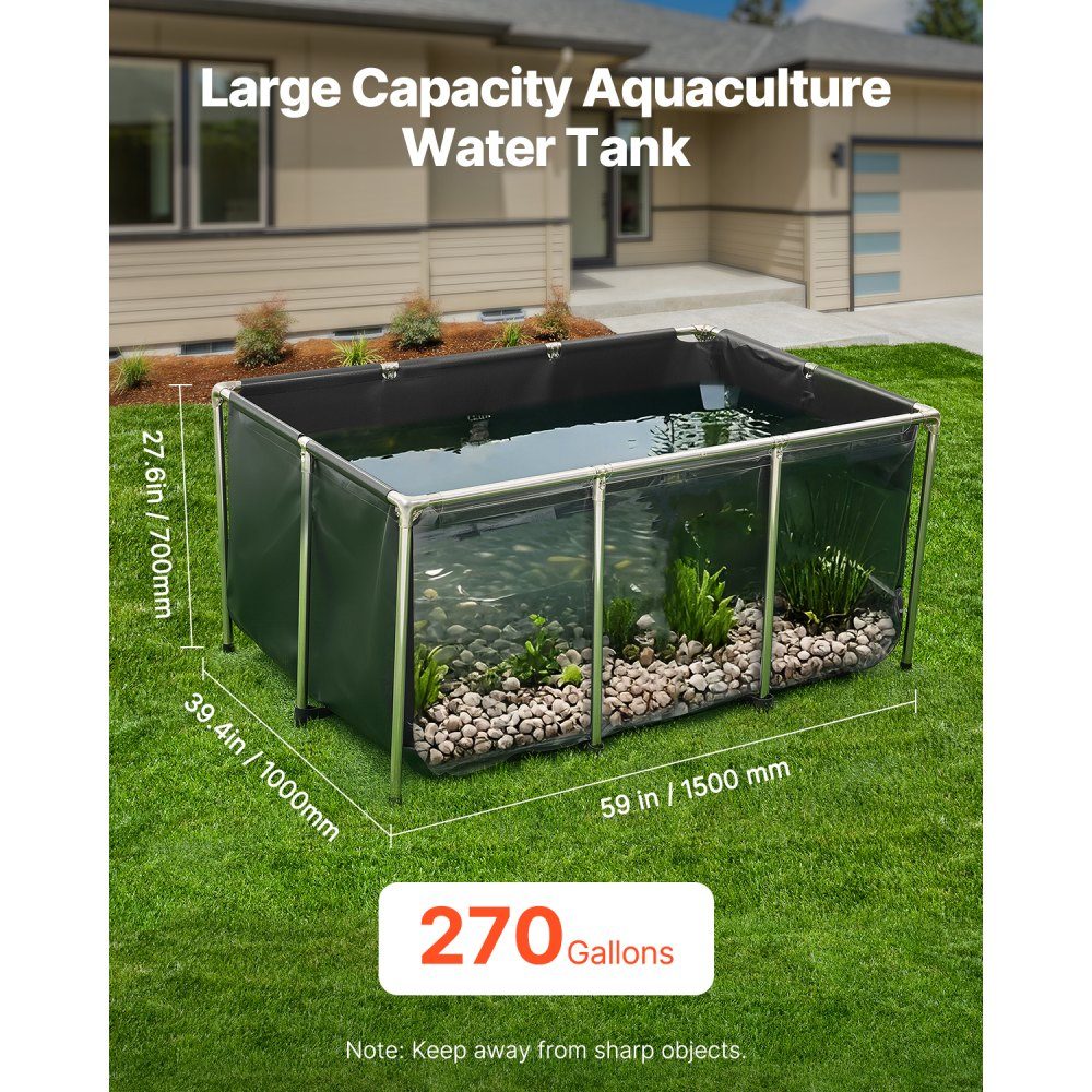 Canvas Fish Pond 1023.3L Breeding Water Tank PVC Koi Tank with Transparent Viewing Window Aquarium with Stainless Steel Frame and Drain Valve for Koi Goldfish Breeding (Black)