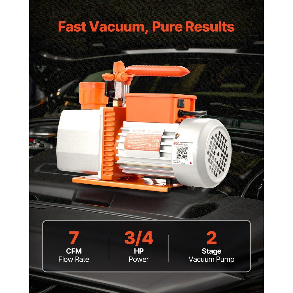 Vacuümpomp 7 CFM 198L/min, 2-traps, 550W, geschikt voor R134a, R22, R410a, R1234YF en R32, 4-polige motor, voor onderhoud van auto-airconditioning en harsontgassing, inclusief olie