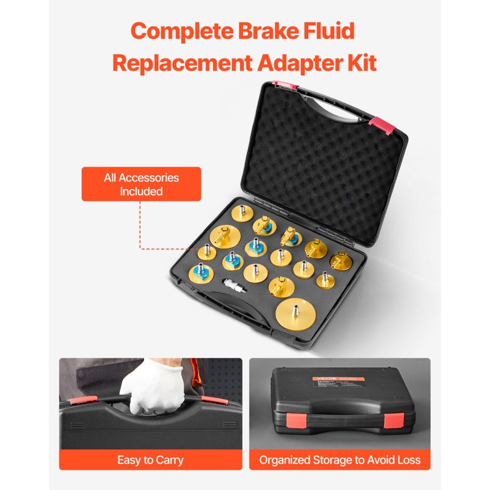 Brake Master Bleeder-Set 17-teiliges Ensemble d'adaptateurs de purge de frein professionnel avec ensemble complet et poignée, adaptateur de purge de frein durable pour le remplissage du liquide de frein