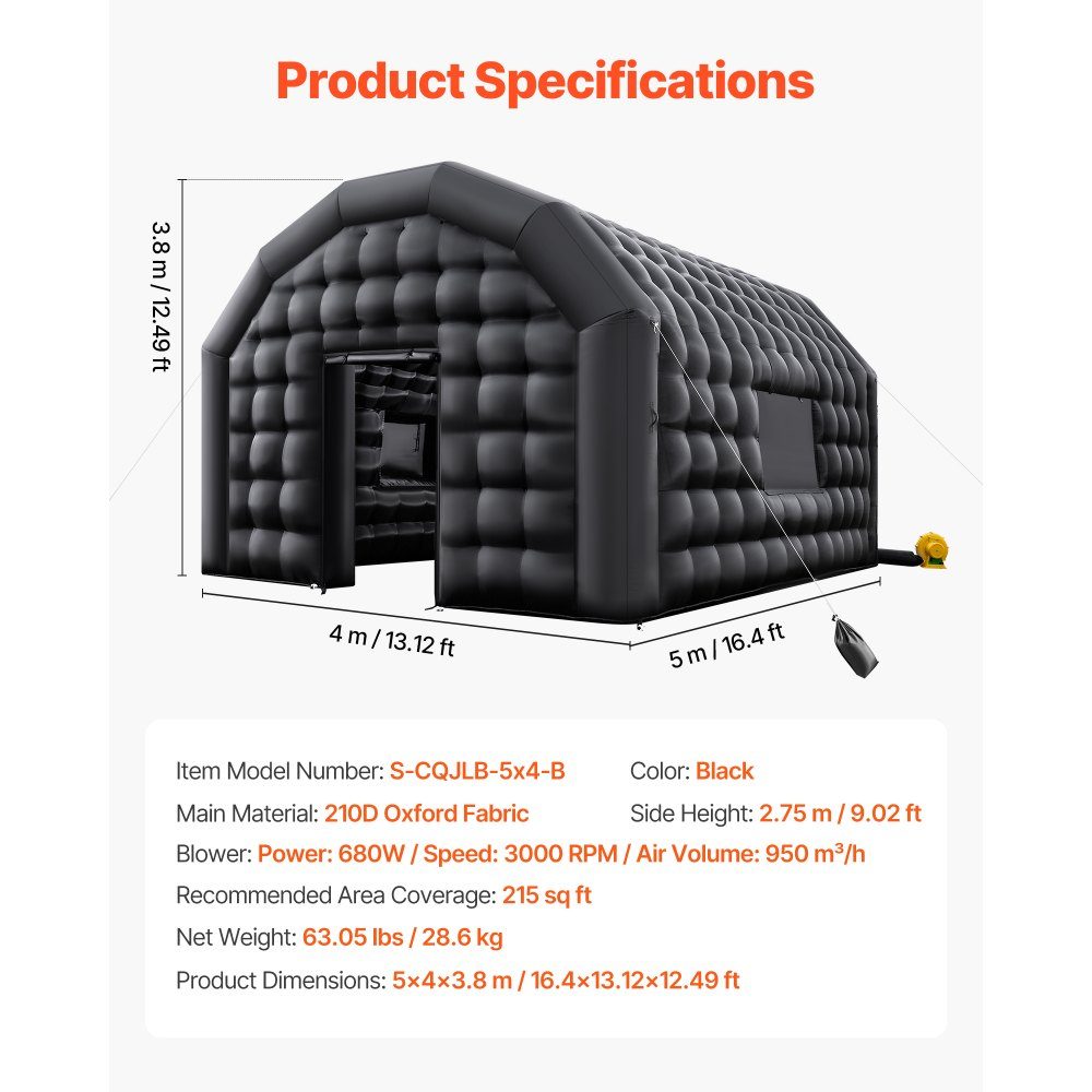 Tente de fête Gonflable 5x4x3.8m Tente Cube pour Disco Night Club Gazebo Tente de Mariage mit 680-W- Souffleur Sac de Sable 2 fenêtres pour événements Anniversaire Mariage Noir