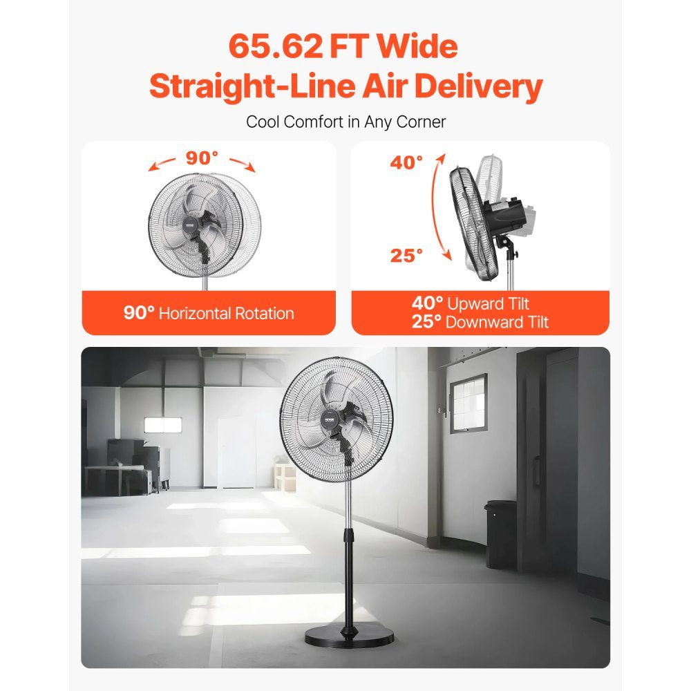 Industrial Pedestal Fan 570mm 90 Degree Oscillation Fan Height Adjustable Fans with 3 Adjustable Speeds Wind Machine for Workshop Warehouse Black