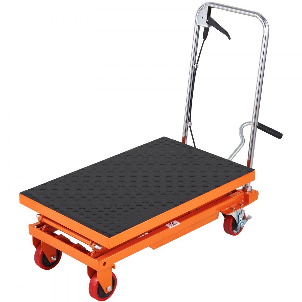 TFD15 Hydraulischer Hubwagen, Tischwagen, 330 Pfund Kapazität, 50 Zoll, mit 4 Rädern und rutschfester Unterlage für Materialhandhabung und Transport, Orange
