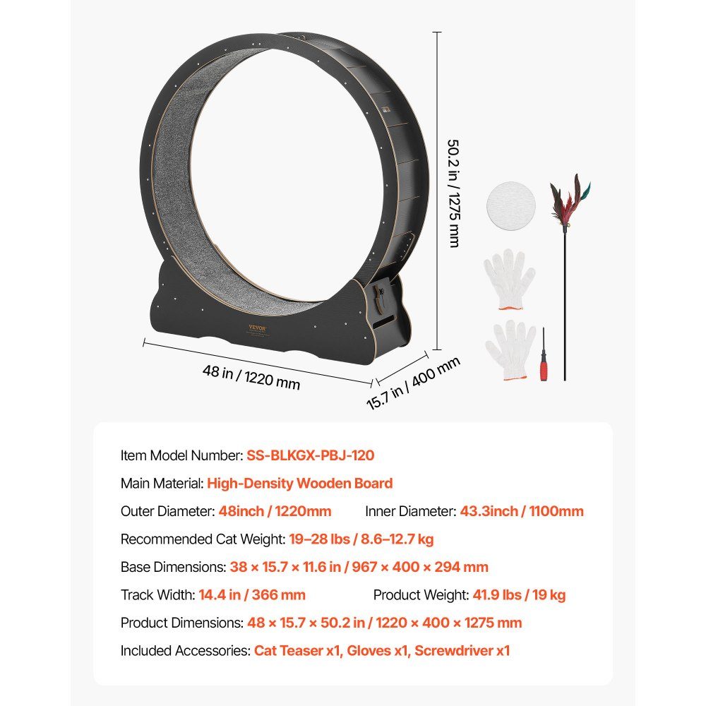 Vélo d'exercice pour chat, roue d'exercice en bois de 1080 mm de diamètre intérieur pour chats de 8,6 à 12,7 kg, tapis roulant pour chat avec tapis de sol et mécanisme de verrouillage, jouet silencieux pour chats d'intérieur, noir