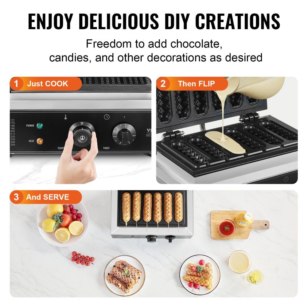 Commercial Waffle Iron Waffle Maker 6pcs 1500W Non-Stick Stainless Steel Corn Hot Dog Waffle Maker with Temperature and Time Control for Restaurant Bakery Snack Bar Family