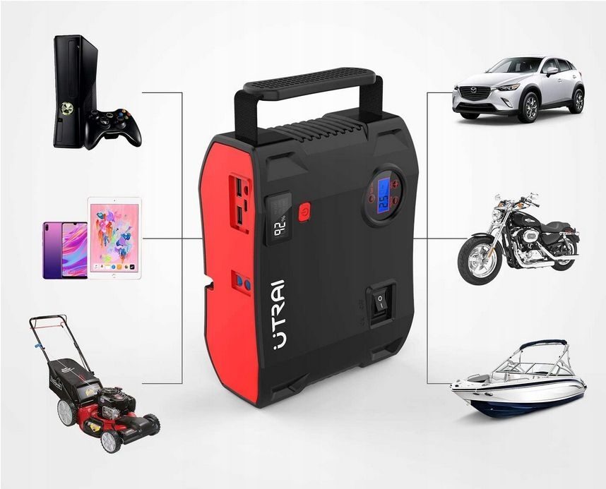 Utrai Autoreifenfüller, 2000 A Spitzenleistung, 24000 mAh, tragbares Überbrückungskabel (bis zu 8 l Benzin oder 6,5 l Dieselmotor), Handy-Ladegerät mit Dual-Digital-Display, LED-Taschenlampe Modell 2024