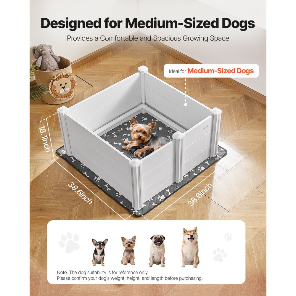 Whelping box for dogs, 98x98x46cm, puppy playpen made of plastic PVC with height-adjustable door & washable pee pad, deformation-proof puppy box for medium-sized dogs, milk white