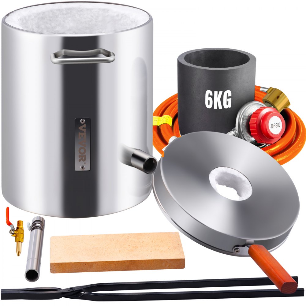 Four de fusion four de fusion de métaux au propane 6 kg, four de fusion en acier inoxydable gaz 1482 ℃ incl. 1 brûleur, 1 creuset, couteau de forge pour le cuivre, l'aluminium, l'or, l'argent, etc.