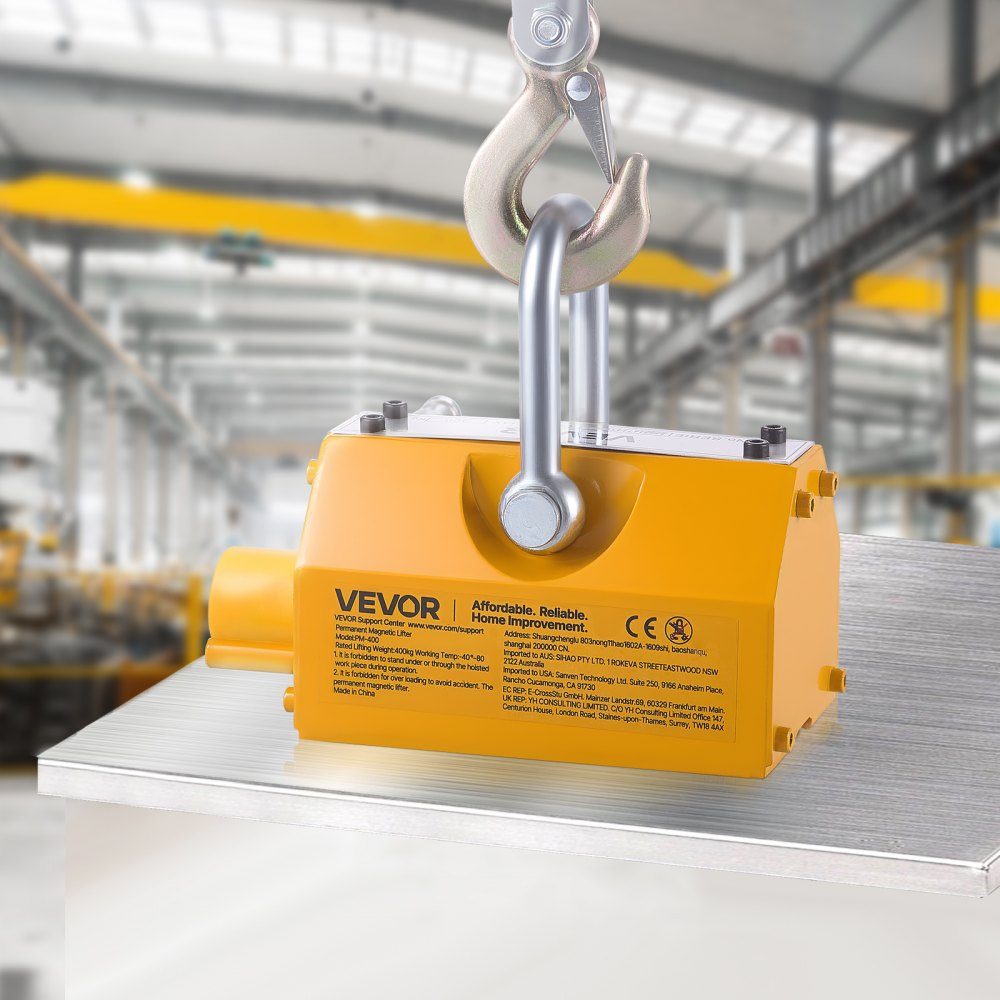 Lasthebemagnet Permanentmagnetheber 400 kg Zugkraft Lasthebemagnet mit Entriegelungsgriff & Stahlhaken, verwendet in Werkstattkränen und Hebezeugen, zum Heben von Stahlplatten, Brettern gelb