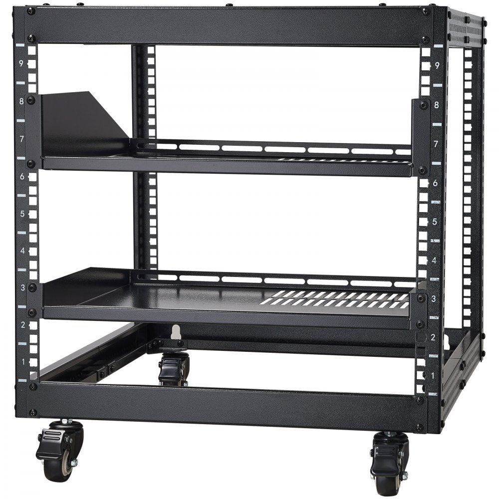 9U-Server-Rack mit offenem Rahmen, 23" bis 40" verstellbare Tiefe, freistehend oder an der Wand montiert, Netzwerk-Server-Rack mit 360°-Rädern, robuste 4-Pfosten-Halterung für alle Ihre Netzwerk-IT-Geräte, AV-Geräte und Router