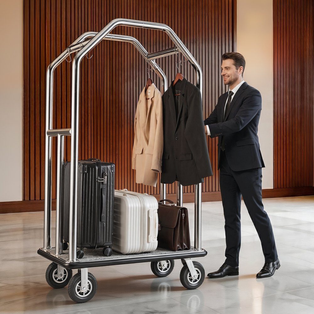 Roestvrijstalen hotelbagagewagen 1500 pond zware bagagewagen met 8 "rubberen wielen Hotelwagen met grijze tapijtvloer en kapstok Commerciële bagagewagen voor hotelsresorts Zilver – Artikelnr. HT-23177