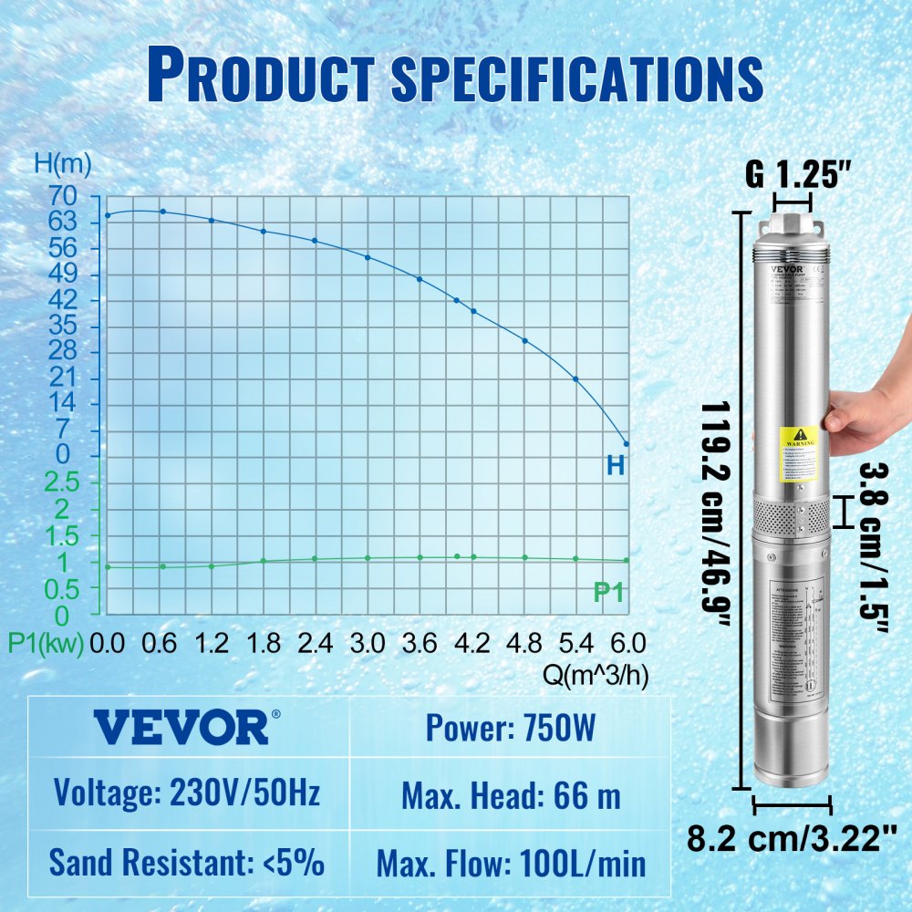 82 mm deep well pump 750W well pump 100L/min submersible pump max. delivery height 66m pipe pump 230V 50Hz sand pump IP68 water pump 16 impeller levels pump Ideal for irrigation or water supply 82 mm deep well pump 750W well pump 100L/min submersible pump max. delivery height 66m pipe pump 230V 50Hz sand pump IP68 water pump 16 impeller levels pump Ideal for irrigation or water supply