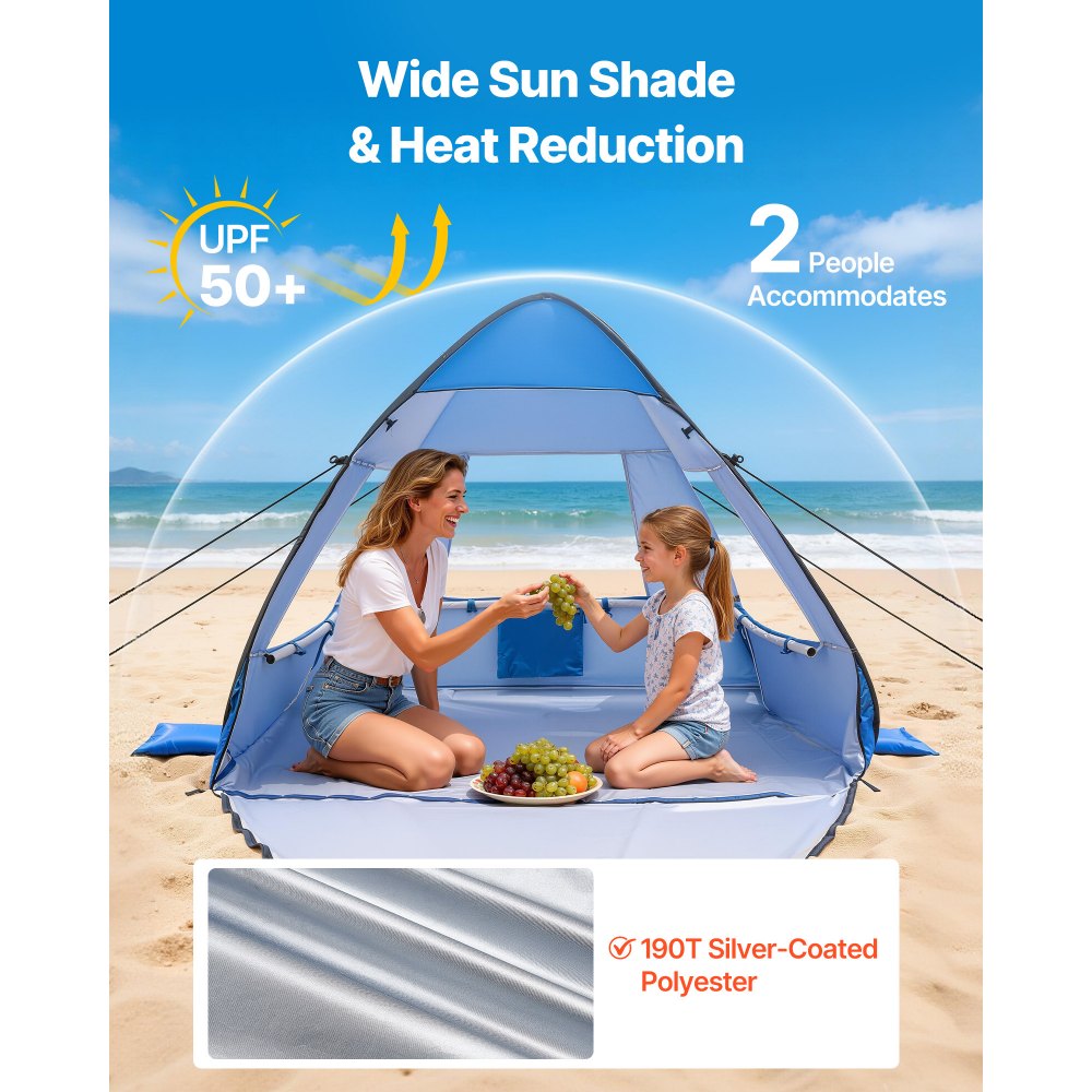 Strandtent Zonnescherm voor 2 personen, UPF 50+ bescherming, draagbare strandtent met draagtas en metalen palen, compacte strandparasol voor kamperen, vissen, picknick, zonnetent Strandtent Zonnescherm voor 2 personen, UPF 50+ bescherming, draagbare strandtent met draagtas en metalen palen, compacte strandparasol voor kamperen, vissen, picknick, zonnetent