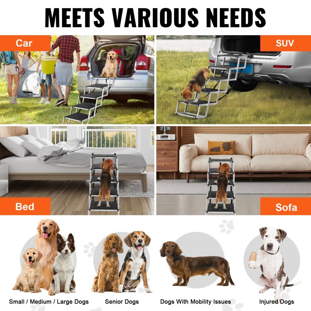 Dog Stairs for Cars, Wide 5 Step Dog Car Stairs, Folding Dog Car Ramp with Non-Slip Surface, Portable Lightweight Aluminum Pet Stairs for Car, SUV and Truck, Supports up to 68kg