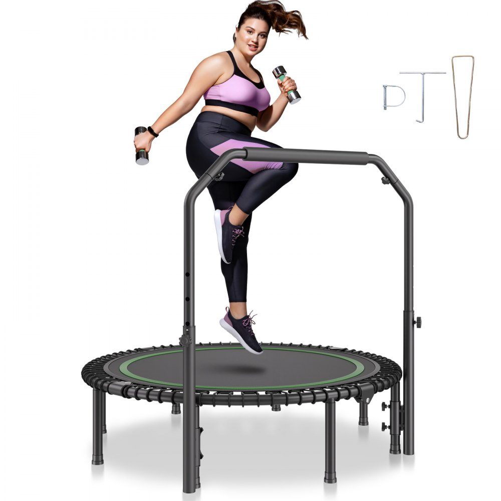 Opvouwbare minitrampoline fitness rebounder 1295 mm 205 kg veerkrachtige trainingstrampoline, rebounder sporttrampoline tuintrampoline met 4-traps in hoogte verstelbare handgreep & 42 spanbanden